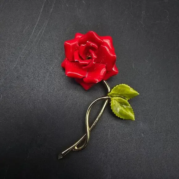 Red Rose Brooch Gold Tone Enamel Leaves Vintage Costume Jewelry - Picture 4 of 5
